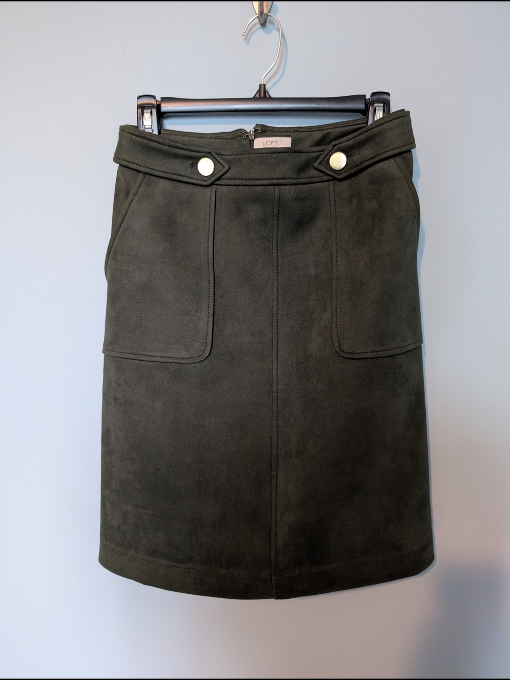 LOFT Olive Suede Pencil Skirt with Button Waist Detail